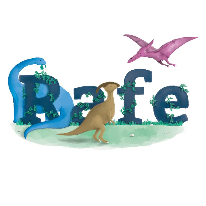 The name 'Rafe' surrounded by playful and hungry dinosaurs