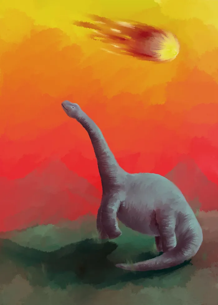 Illustration of a dinosaur as an asteroid flies past overhead.