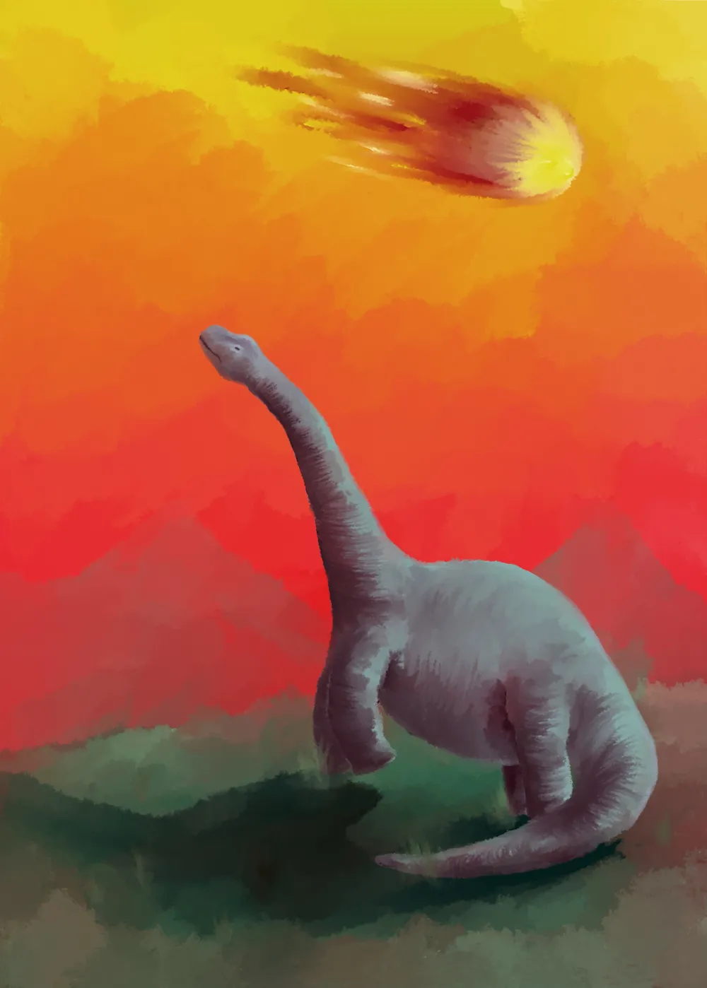 Illustration of a dinosaur as an asteroid flies past overhead.