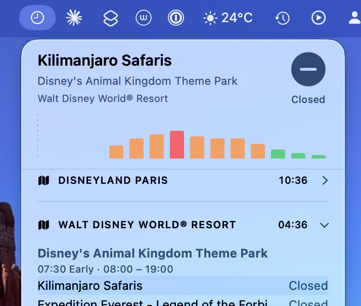 Screenshot of ParkTimes Menubar app UI