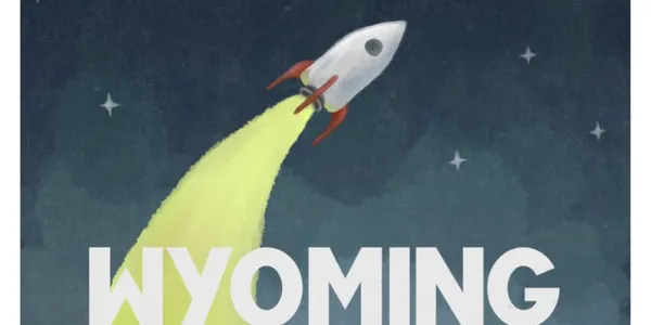 Illustration of a rocket reaching the moon at the end of a trail of flames