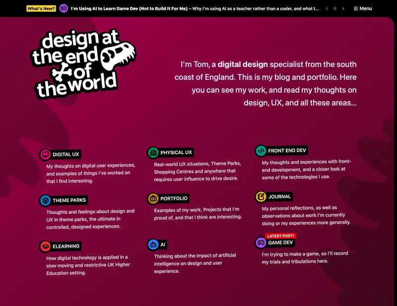 My blog homepage with the new category grid and latest post ticker.