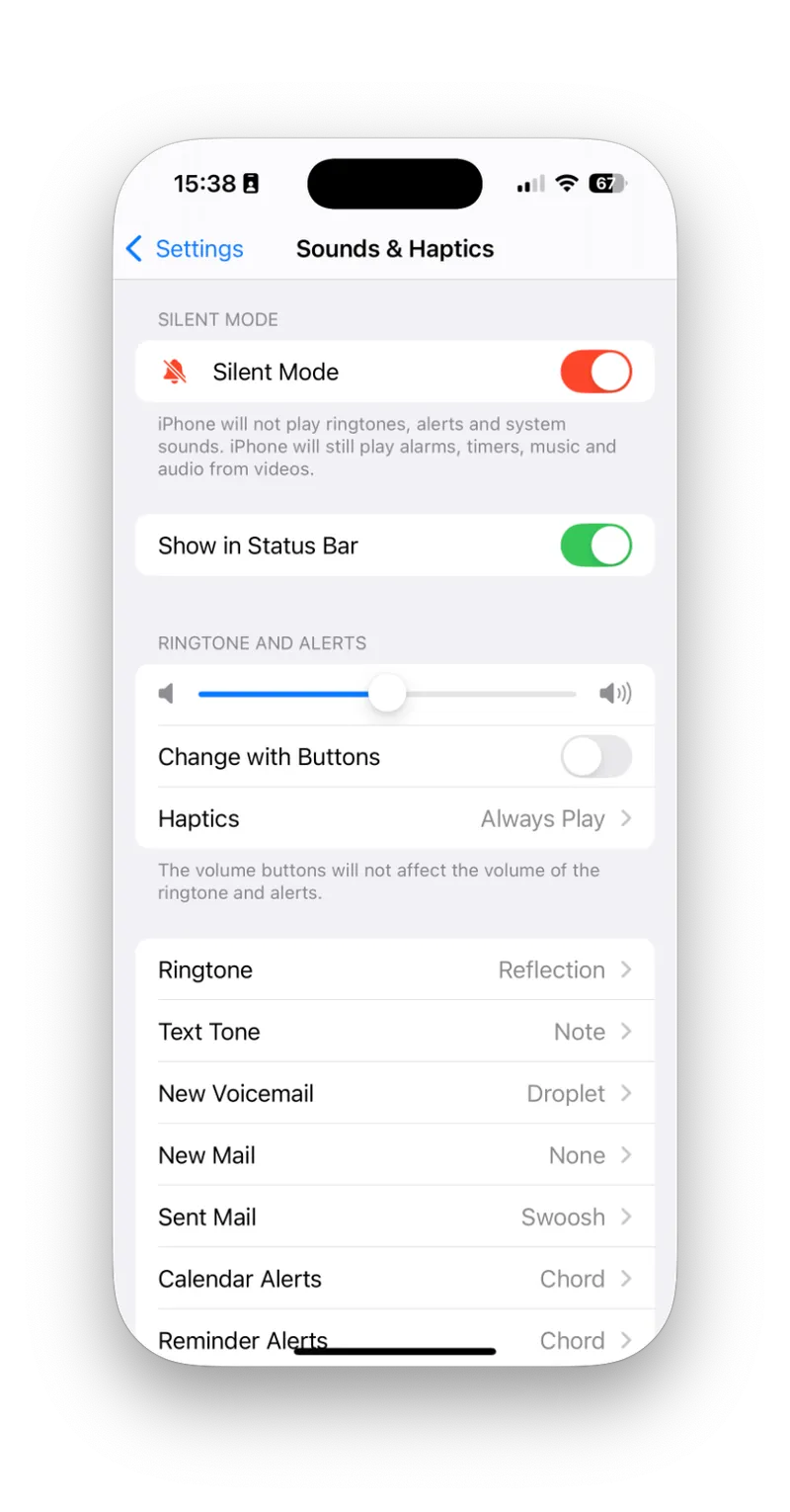 screenshot of an iPhone Sound & Haptics setting page